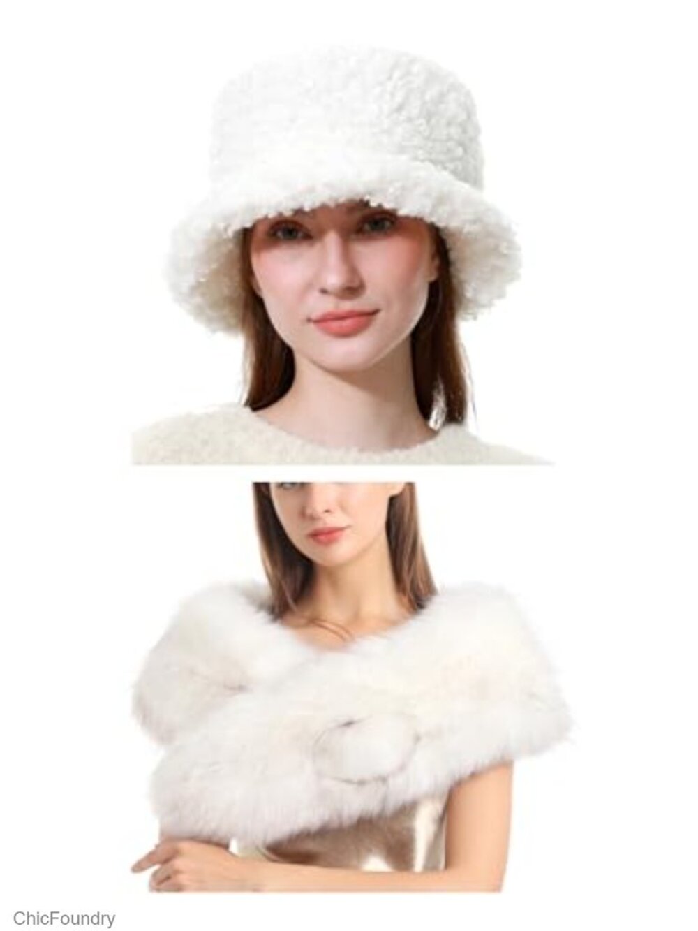 Faux Fur Bucket Hat and Collar Scarf Set Quilted Lined
